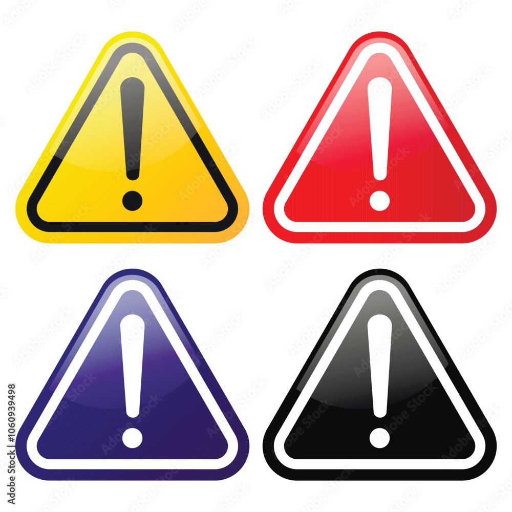 Hazard symbols in yellow, red, blue and black colors with exclamation symbols in shiny glossy style. Warning Signs. Danger warning icons. Exclamation marks. Hazard symbols in yellow, red, blue and black colors with exclamation symbols in shiny glossy style. Warning Signs. Danger warning icons. Exclamation marks.