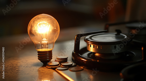 Light bulb on next to lit gas cooker, with coins next to it, Energy and gas costs, cost increases photo