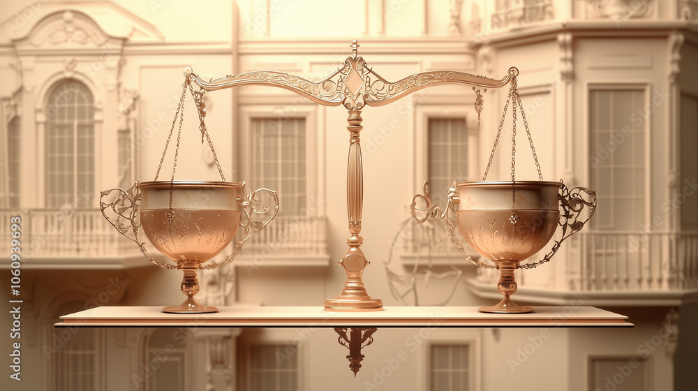 Elegant Balance: Two Intricately Designed Cups Resting on a Classic Set of Scales in a Soft, Minimalist Scene with Subtle Lighting Elegant Balance: Two Intricately Designed Cups Resting on a Classic Set of Scales in a Soft, Minimalist Scene with Subtle Lighting