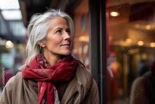 Portrait of a beautiful mature woman in a shopping center. Selective focus.