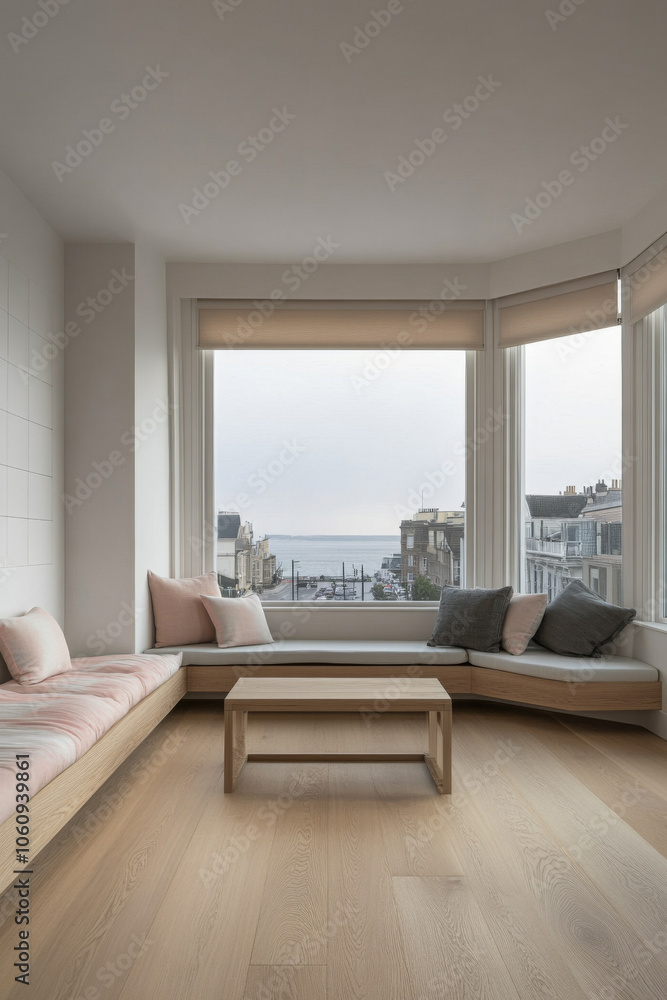 Fototapeta premium A cozy living room with a bay window overlooking the ocean on a cloudy day