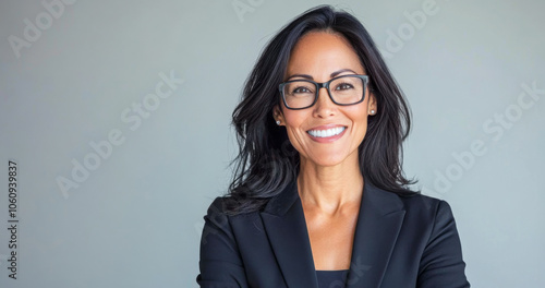 Confident middle aged woman in professional attire smiling against a neutral backdrop in a modern office