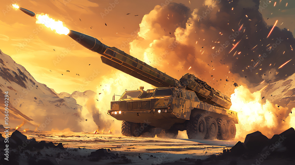 Obraz premium military artillery missile system launches rockets