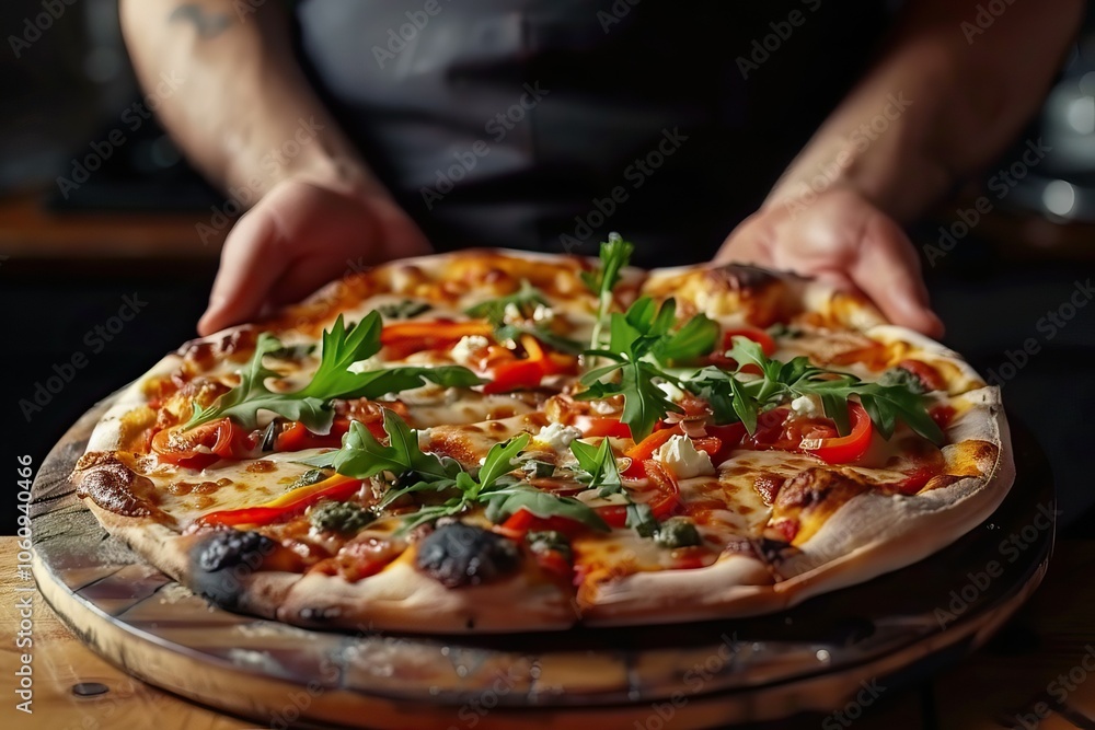 Fresh pizza on black board held by hands, melted cheese, herbs, close-up of vibrant toppings Fresh pizza on black board held by hands, melted cheese, herbs, close-up of vibrant toppings