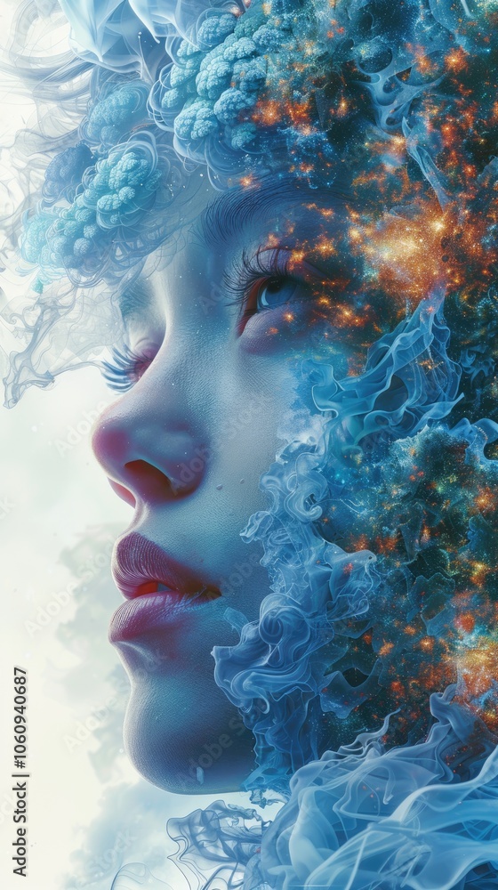 A surreal portrait of a girl with an ethereal blue cloud-like hairstyle and glowing features A surreal portrait of a girl with an ethereal blue cloud-like hairstyle and glowing features