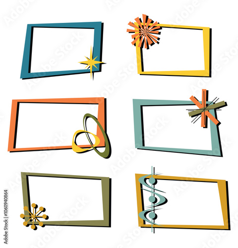 Set of round rectangular frames with retro shapes and elements with black shadow isolated on  white background