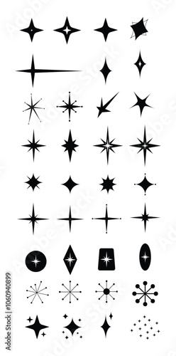 Set of graphic elements - 35 different starry shapes isolated on white 