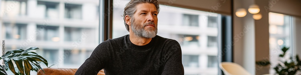 A man with a beard and gray hair is sitting on a couch in a room with a window. He is looking out the window, possibly lost in thought. The room is furnished with a chair and a potted plant A man with a beard and gray hair is sitting on a couch in a room with a window. He is looking out the window, possibly lost in thought. The room is furnished with a chair and a potted plant