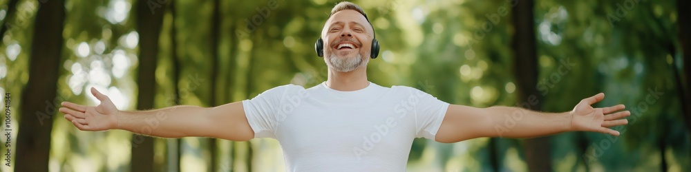 A man is smiling and wearing headphones while standing in a park. He is wearing a white shirt and he is enjoying himself A man is smiling and wearing headphones while standing in a park. He is wearing a white shirt and he is enjoying himself