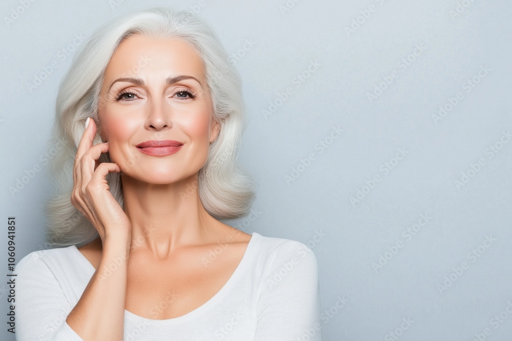 A woman with white hair and a white shirt is smiling and touching her face. She looks happy and content A woman with white hair and a white shirt is smiling and touching her face. She looks happy and content