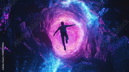 A dynamic shot of a young male figure leaping into a glowing metaverse portal, with bright neon colors radiating from the entrance, symbolizing adventure and exploration in a virtual reality landscape