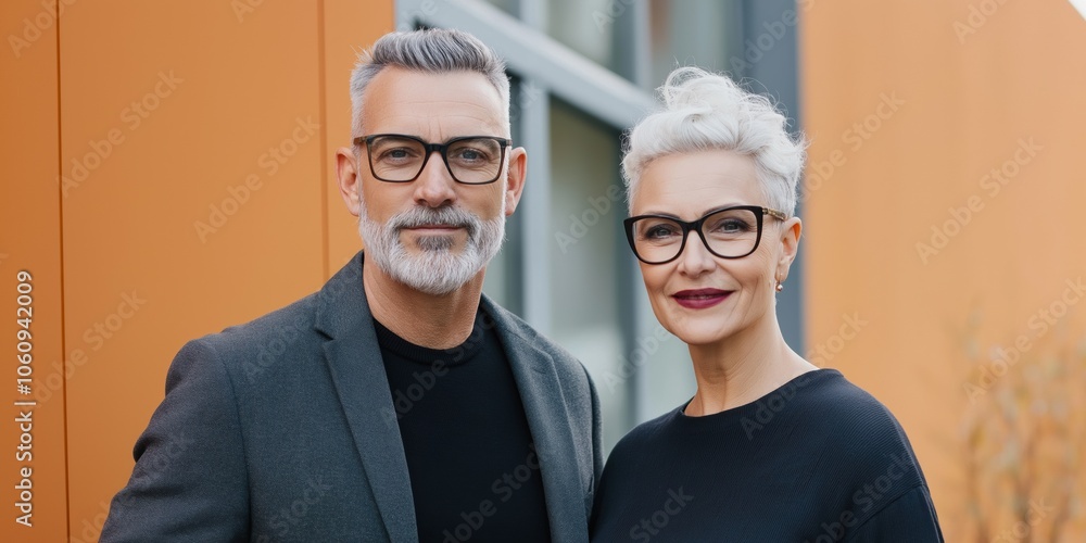 A man and a woman are posing for a picture. The man is wearing a suit and the woman is wearing glasses. They both have a smile on their faces A man and a woman are posing for a picture. The man is wearing a suit and the woman is wearing glasses. They both have a smile on their faces