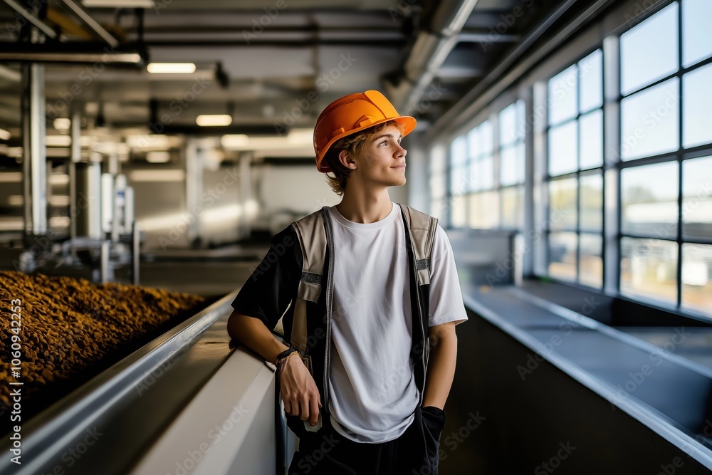 A young man wearing a hard hat and a white shirt stands in a warehouse. He is looking out the window, possibly waiting for someone or just taking a break A young man wearing a hard hat and a white shirt stands in a warehouse. He is looking out the window, possibly waiting for someone or just taking a break