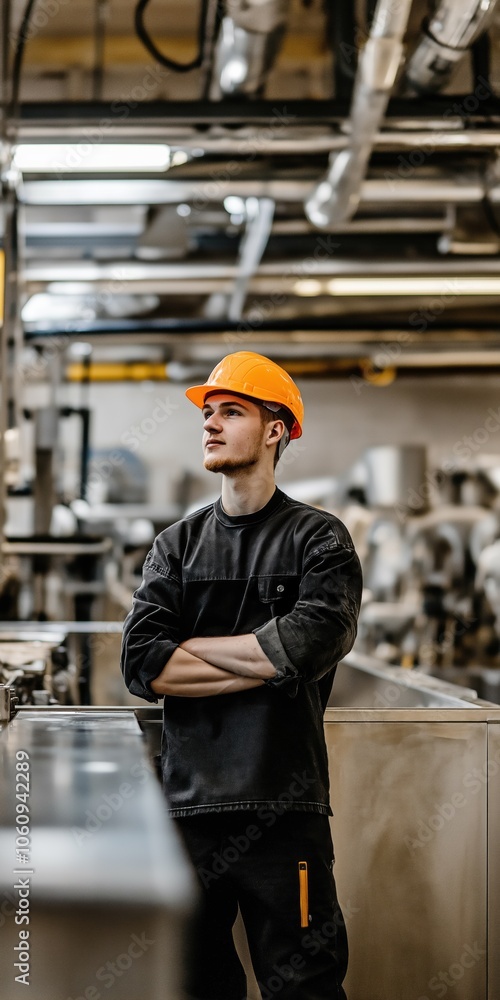 A man in a black shirt and orange helmet stands in front of a machine. He is wearing a hard hat and has his arms crossed A man in a black shirt and orange helmet stands in front of a machine. He is wearing a hard hat and has his arms crossed