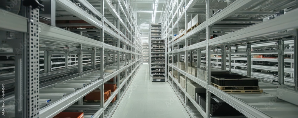 Fototapeta premium High-tech storage facility, automated shelves, organized and clean layout