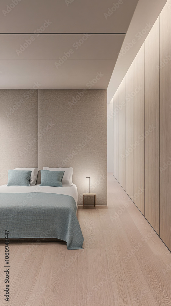 Fototapeta premium Modern minimalist bedroom design with natural light and soothing color palette