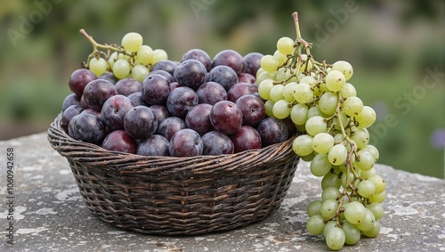 Fresh plums and grapes in rustic basket on stone table