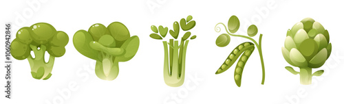 Green Vegetables and Salads Set, Fresh Leafy Vegetables, Broccoli, Cauliflower, Artichoke, Green Peas, Celery. Healthy Organic Food, Vegetarianism, Green Gardener's Harvest, Greens.