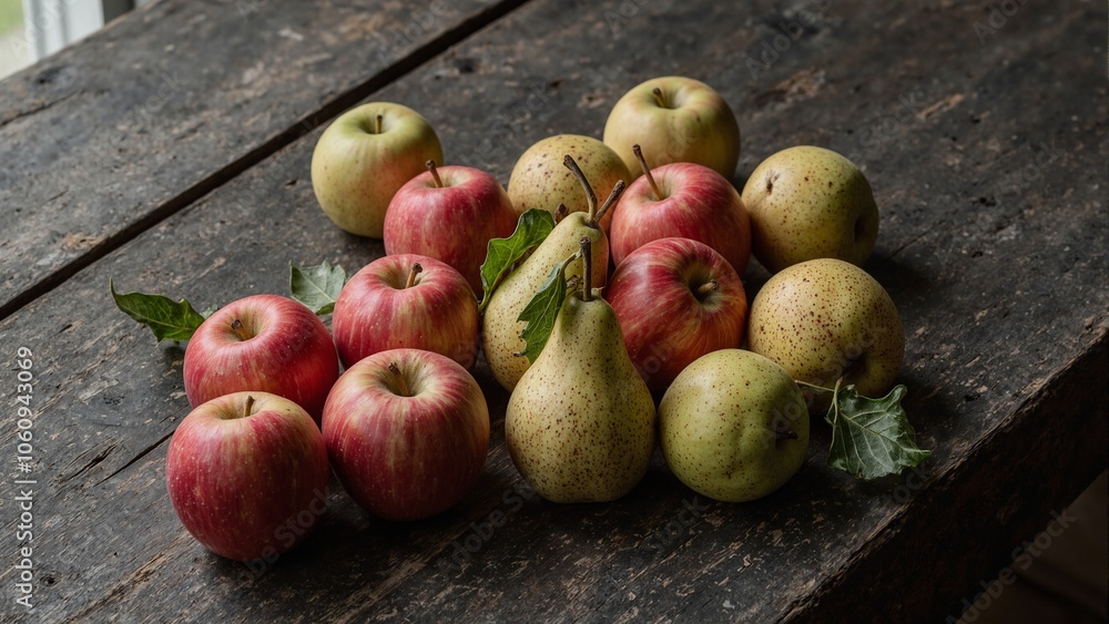 Fresh apples and pears on rustic wooden table with soft window light Fresh apples and pears on rustic wooden table with soft window light