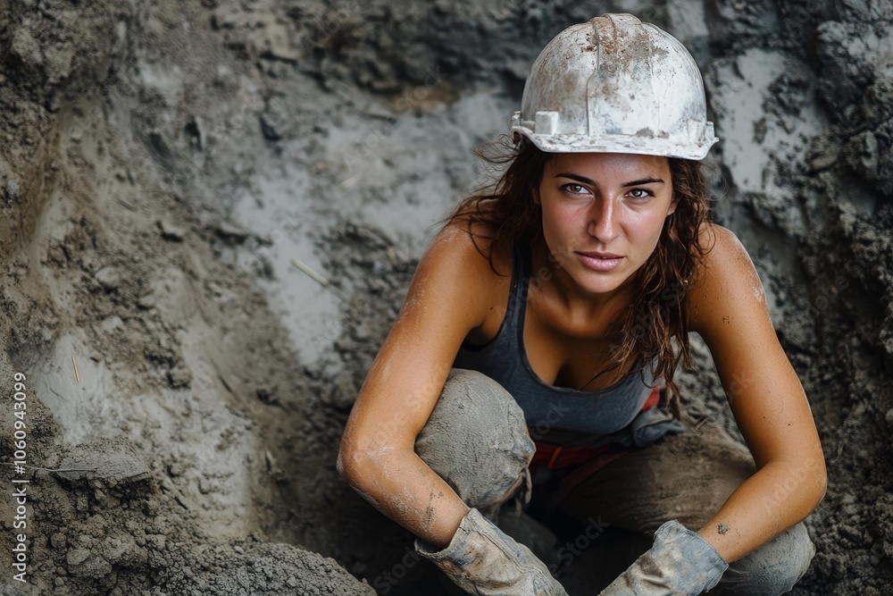 Female geologist kneeling and examining soil layers in excavation pit Female geologist kneeling and examining soil layers in excavation pit
