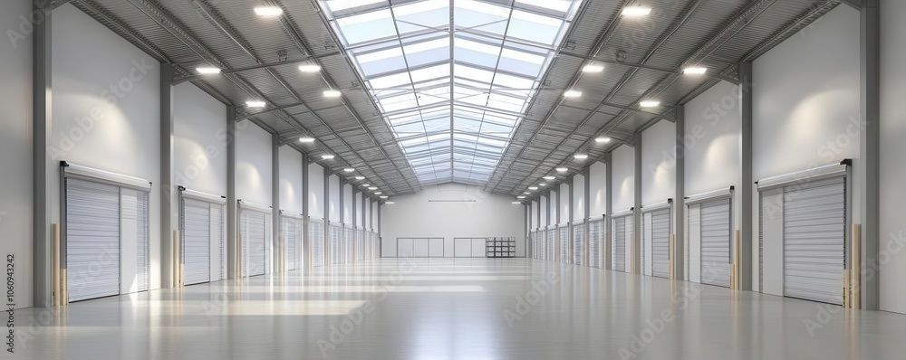 Obraz premium Spacious warehouse interior with skylights, clean and bright logistics setup