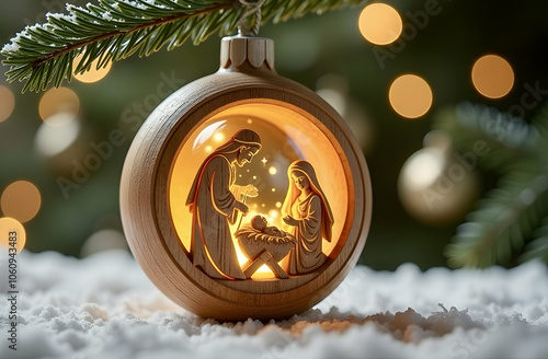 Close-up of a Christmas ornament on a Christmas tree branch in the form of a wooden sphere with a gold interior, illuminated glass cut-out figures of Joseph, Mary and baby Jesus. Nativity scene