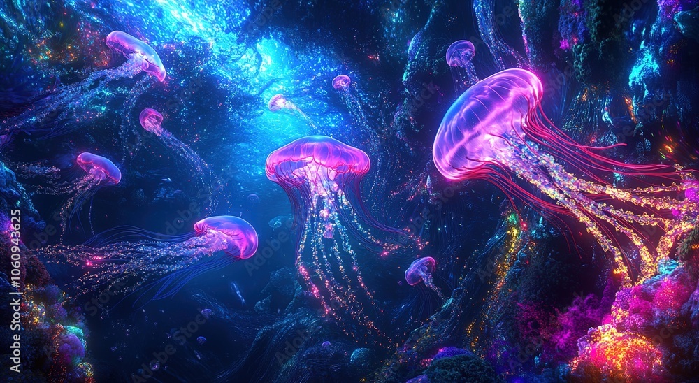 Obraz premium A group of glowing jellyfish floating in the deep sea