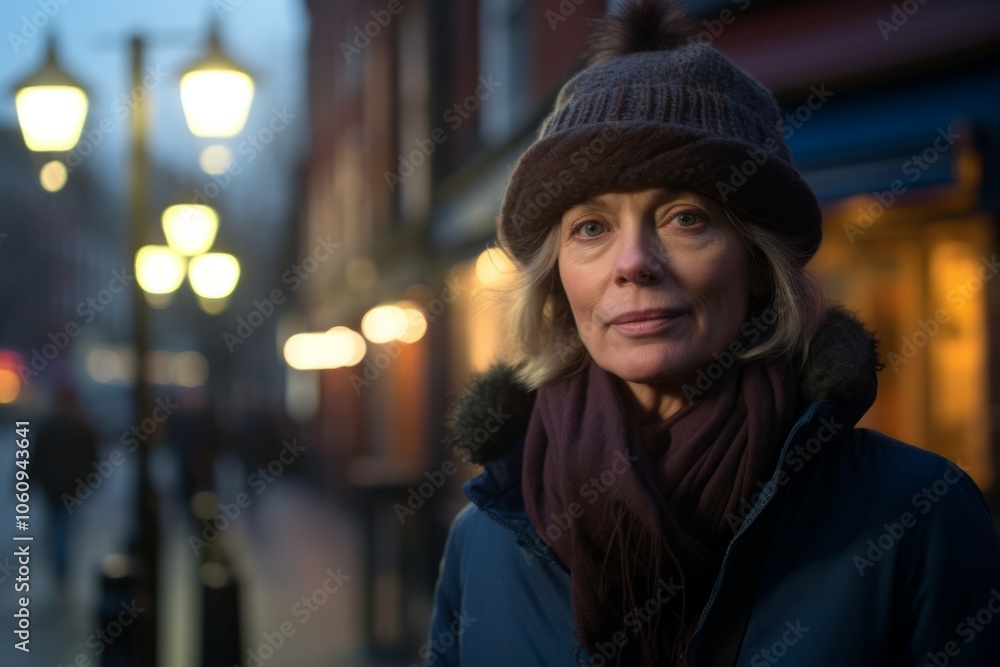 Portrait of a middle-aged woman in a hat and coat in the city at night Portrait of a middle-aged woman in a hat and coat in the city at night