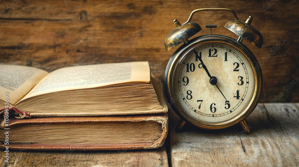A distressed metal alarm clock placed in front of an old book, both aged and worn, with a soft vintage color palette and a slight blur in the background A distressed metal alarm clock placed in front of an old book, both aged and worn, with a soft vintage color palette and a slight blur in the background