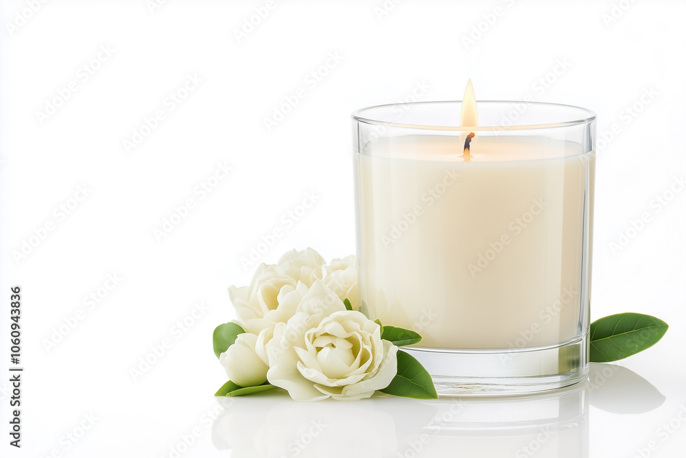 A flickering candle emits a warm glow while white flowers and green leaves complement its calming presence A flickering candle emits a warm glow while white flowers and green leaves complement its calming presence