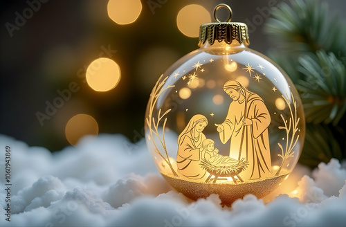 Close-up of a Christmas ornament on snow in the form of a glass sphere with gold interior, illuminated glass cut-out figures of Joseph, Mary and baby Jesus. Nativity scene