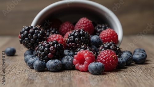 Fresh raspberries blackberries and blueberries in a ceramic bowl on wooden table