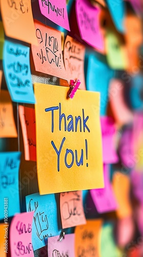 Brightly colored sticky notes are scattered, with a central yellow note showing 'Thank You!' The vivid assortment signifies gratitude and appreciation visually. photo