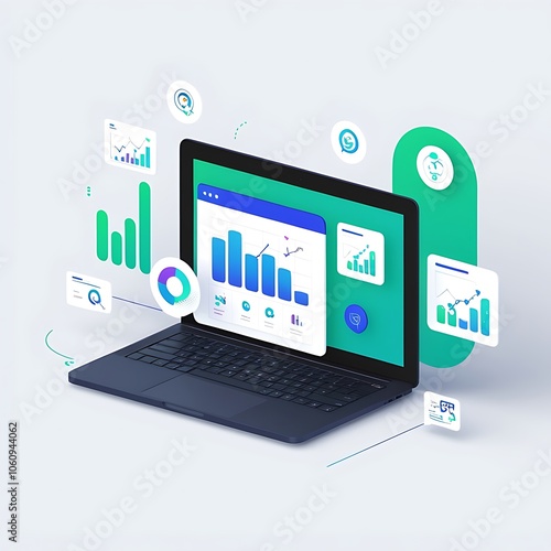 Laptop Displaying Various Data Graphs and Charts Surrounded by Related Icons