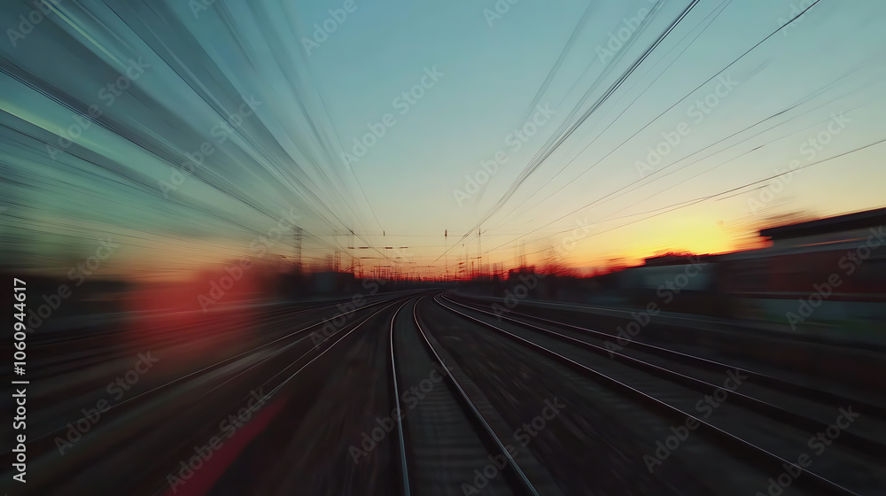 Railroad in motion at sunset, Railway station with motion blur effect against colorful blue sky, Industrial concept background, Railroad travel, railway tourism, Blurred railway, Transportation Railroad in motion at sunset, Railway station with motion blur effect against colorful blue sky, Industrial concept background, Railroad travel, railway tourism, Blurred railway, Transportation