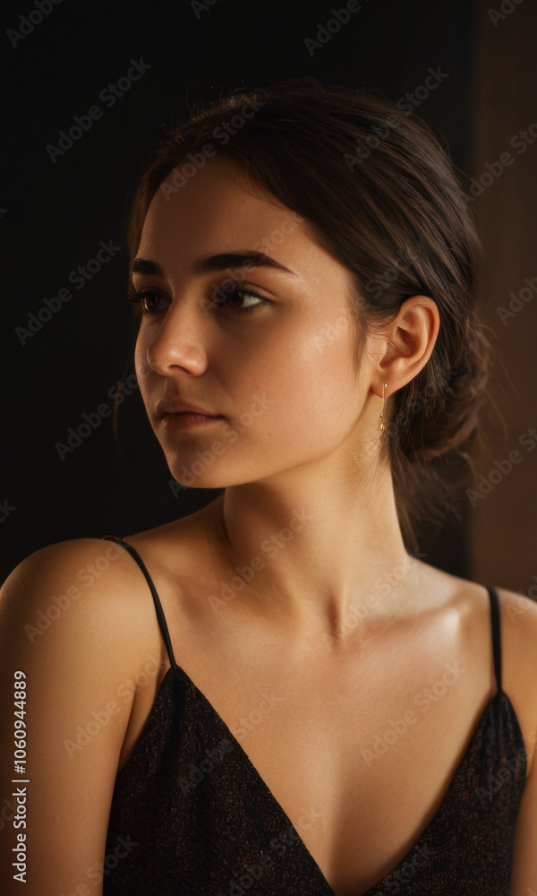 Introspective glow: A young woman in a peaceful moment of reflection, bathed in warm, soft lighting, her face radiating calmness and vulnerability against a dark, moody backdrop Introspective glow: A young woman in a peaceful moment of reflection, bathed in warm, soft lighting, her face radiating calmness and vulnerability against a dark, moody backdrop