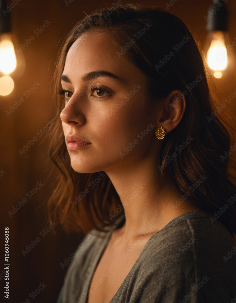 Introspective glow: A young woman in a peaceful moment of reflection, bathed in warm, soft lighting, her face radiating calmness and vulnerability against a dark, moody backdrop Introspective glow: A young woman in a peaceful moment of reflection, bathed in warm, soft lighting, her face radiating calmness and vulnerability against a dark, moody backdrop