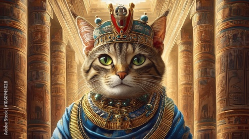 A detailed cat illustration wearing Cleopatra crown and jewelry, set in a palace scene with ancient columns and rich Egyptian
