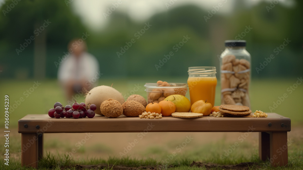 Fototapeta premium A Bench Adorned with Healthy Snacks and an Observing Umpire, Highlighting the Intersection of Nutrition and Active Lifestyle in Sports