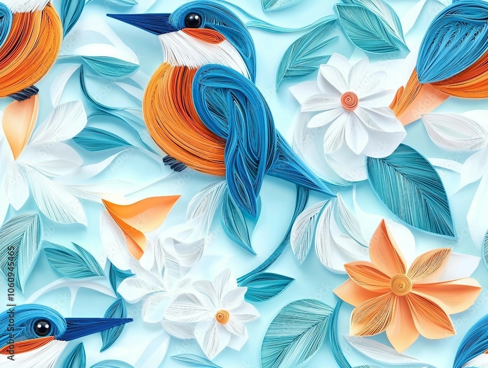 Naklejka premium seamless pattern of a 3D Kingfisher Bird. 