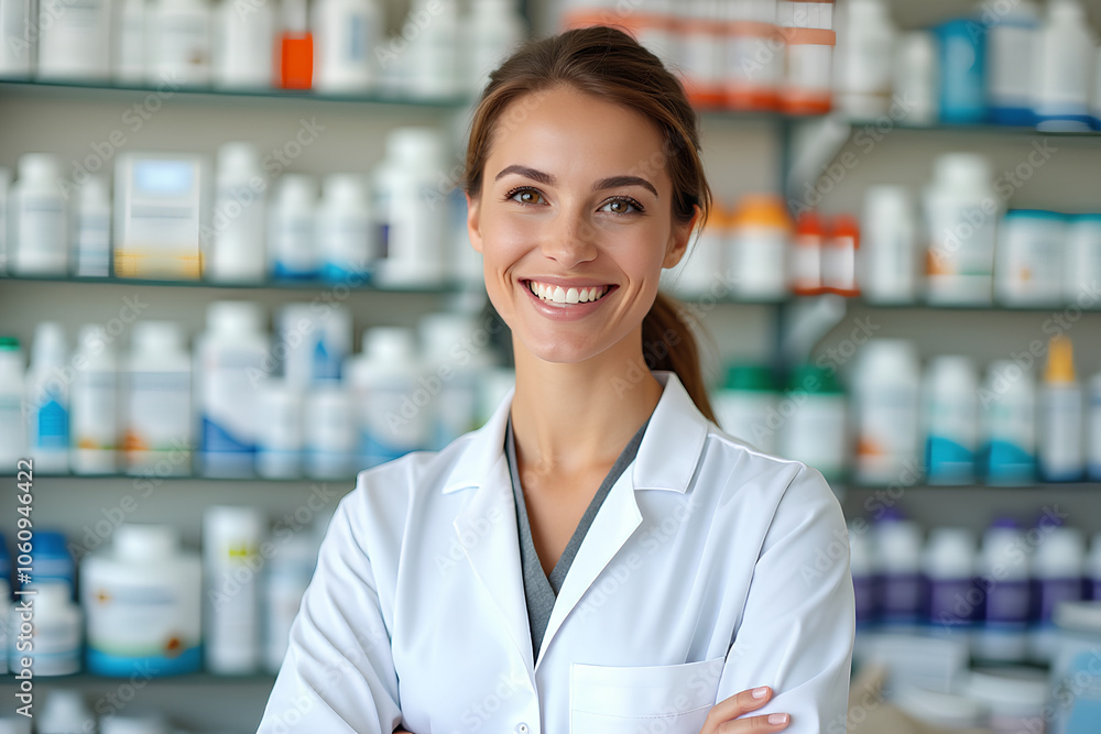 Female pharmacy technician smiling and standing in front of shelves filled with bottles Female pharmacy technician smiling and standing in front of shelves filled with bottles