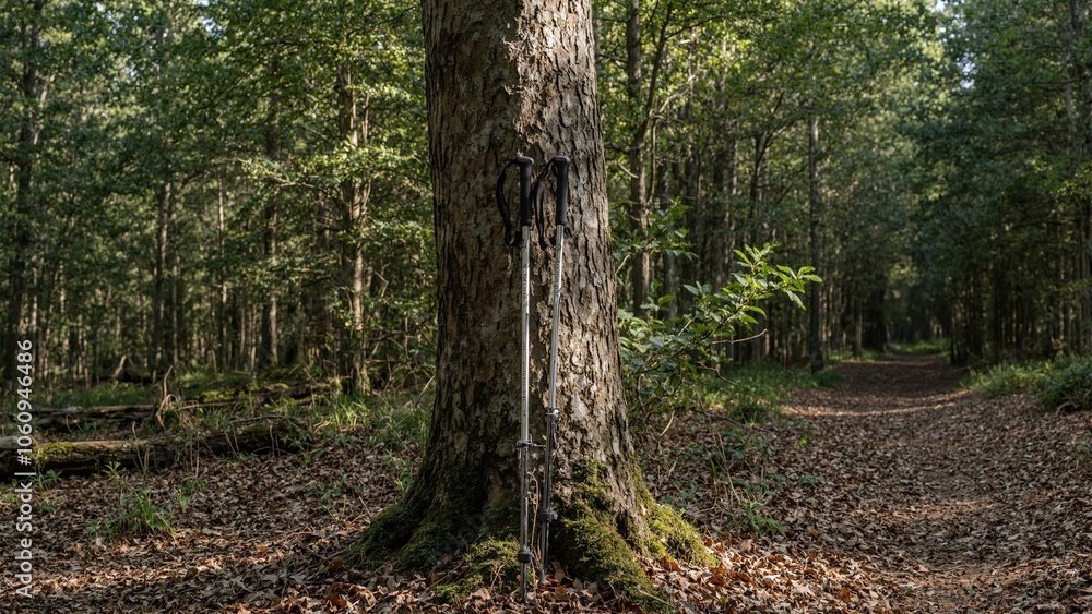 Trekking poles leaning against tree in sunlit forest trail disappearing into shadows Trekking poles leaning against tree in sunlit forest trail disappearing into shadows