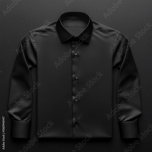 Black long-sleeved dress shirt with a classic collar and button closure, laid flat on a black background.