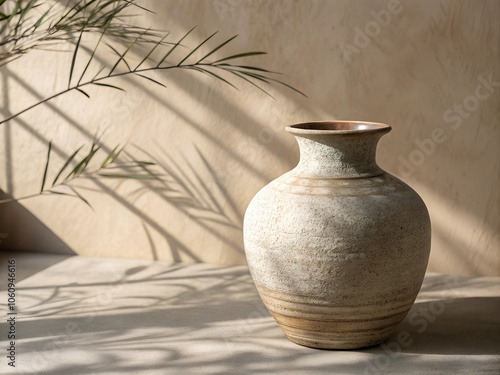 Ceramic vase with natural shadows on a neutral backdrop, minimalist home decor concept