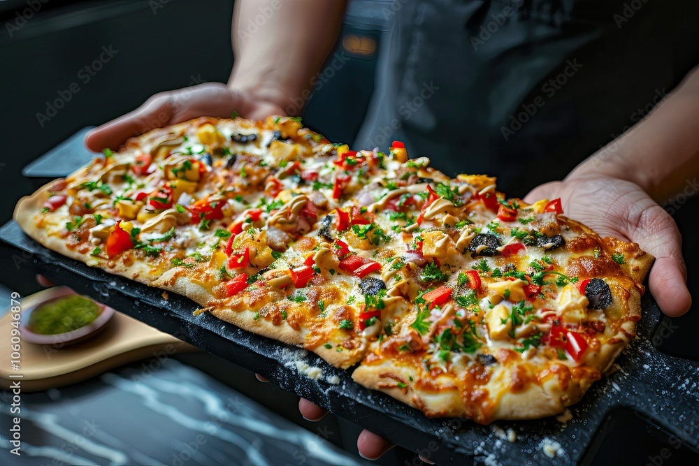 Fresh pizza on black board held by hands, melted cheese, herbs, close-up of vibrant toppings Fresh pizza on black board held by hands, melted cheese, herbs, close-up of vibrant toppings