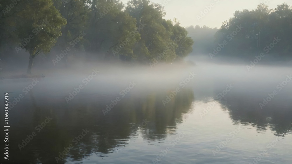 Fog drifting over a tranquil river with morning light Fog drifting over a tranquil river with morning light
