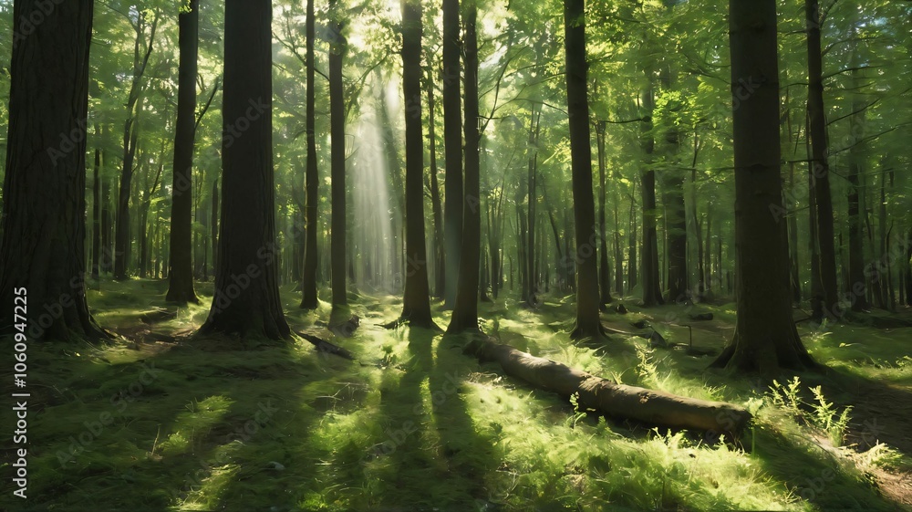 Naklejka premium Forest scene with dappled sunlight filtering through the trees