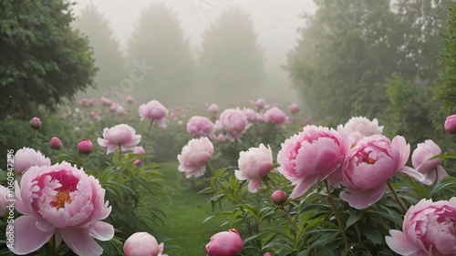 Fototapeta Naklejka Na Ścianę i Meble -  Garden filled with blooming peonies under morning mist