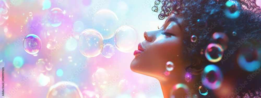 Person Blowing Bubbles with Colorful Reflections Person Blowing Bubbles with Colorful Reflections