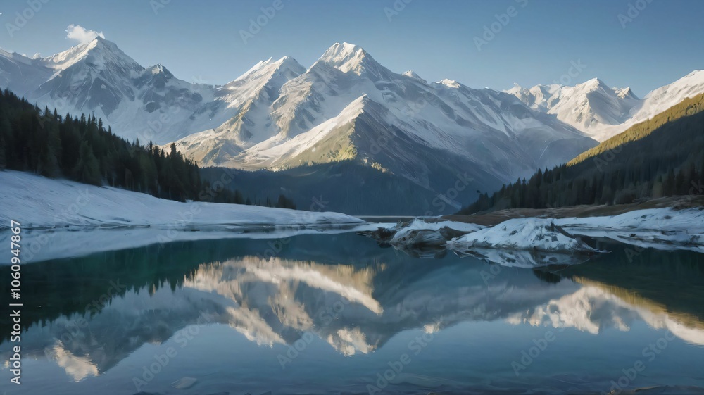 Snowcapped mountains reflecting in a crystalclear lake Snowcapped mountains reflecting in a crystalclear lake